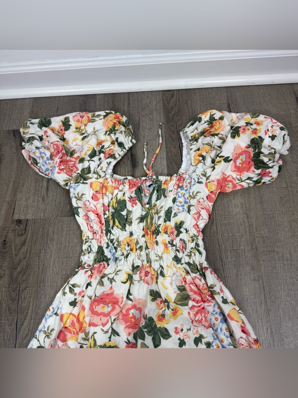 Faithfull The Brand Nikoleta Mini Dress Floral Linen Size Small Puff Sleeve - Picture 4 of 9